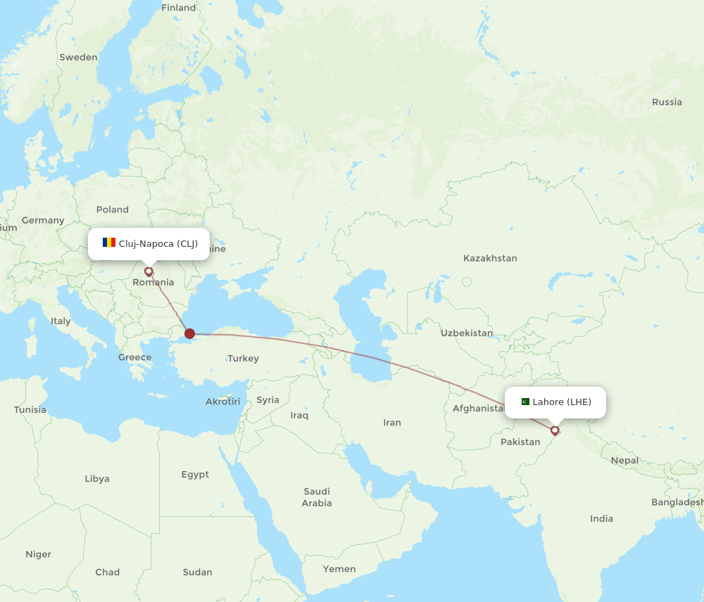 Lahore - Cluj-Napoca route map and flight paths