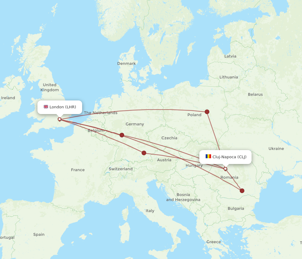 CLJ to LHR flights and routes map