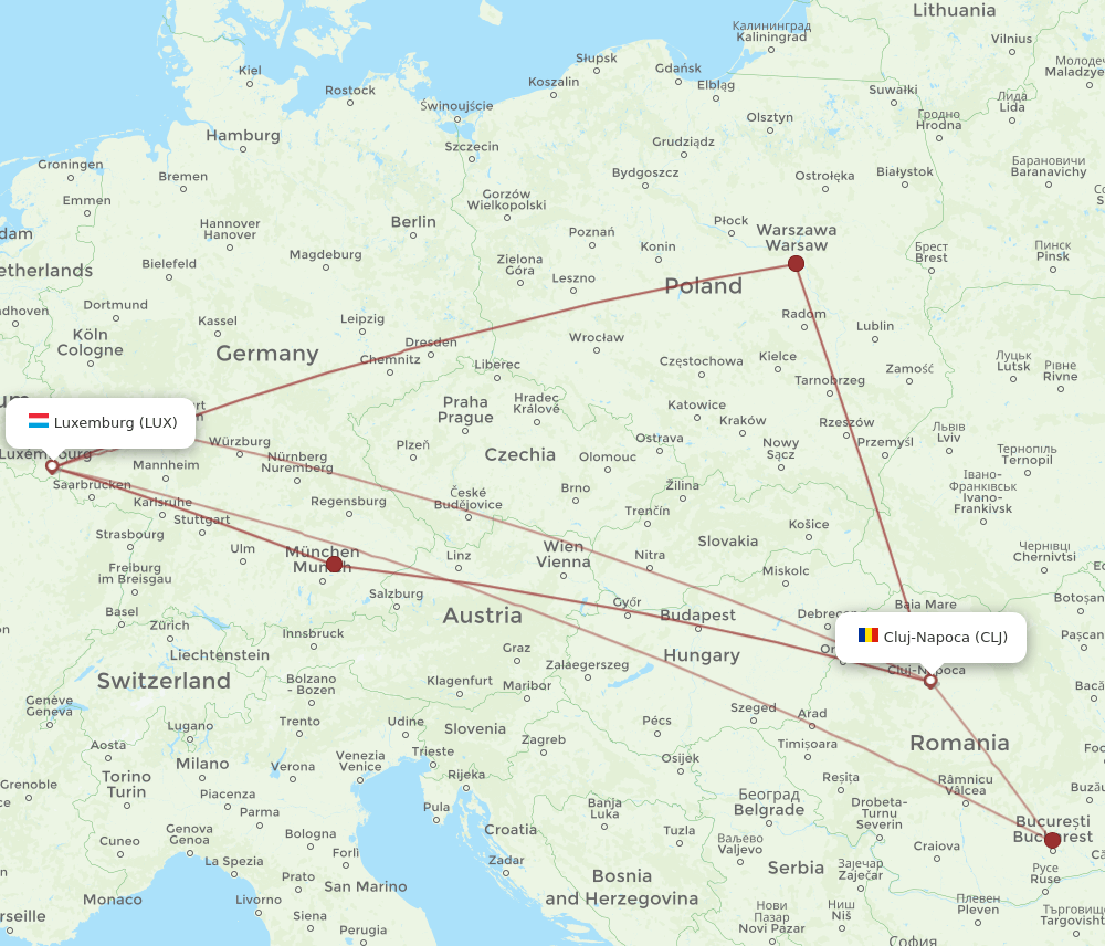 CLJ to LUX flights and routes map
