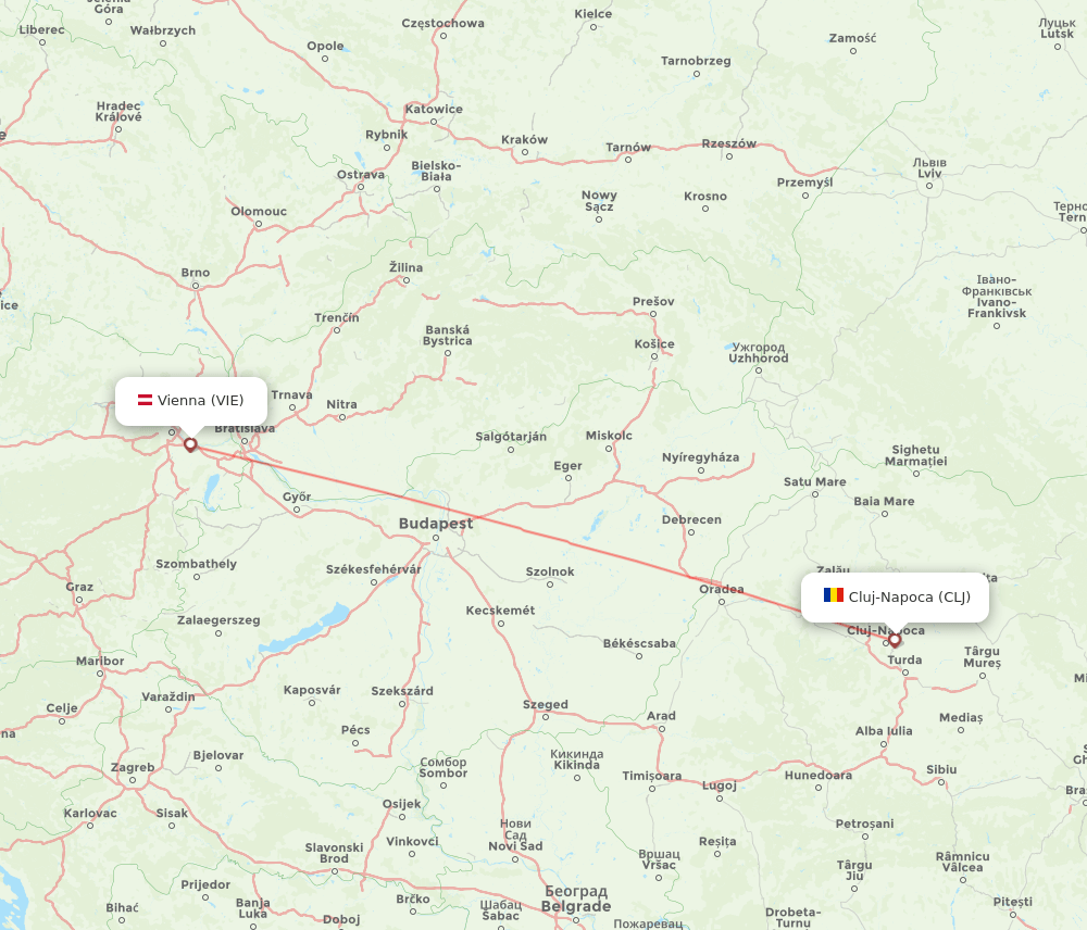 Cluj-Napoca - Vienna route map and flight paths
