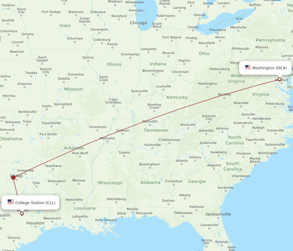 CLL to DCA flights and routes map