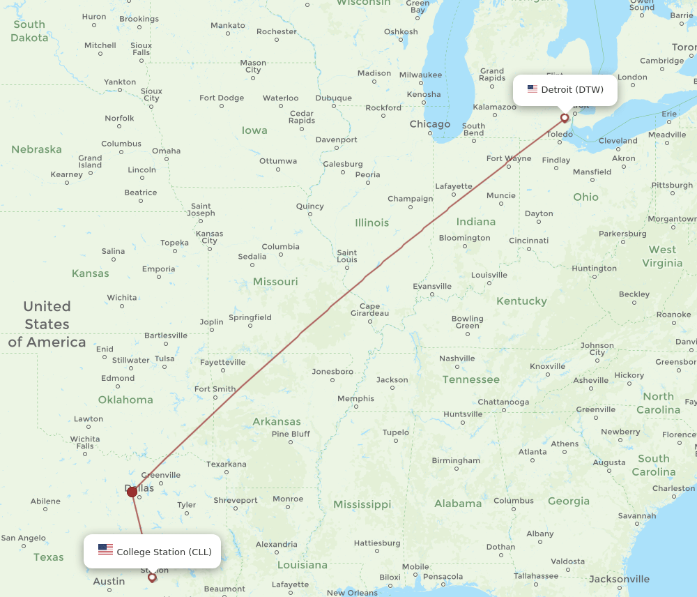 CLL-DTW flight routes
