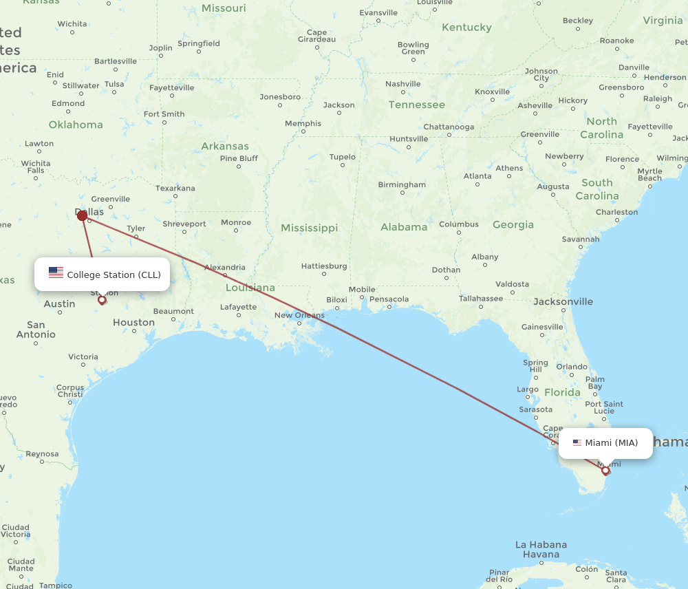 CLL to MIA flights and routes map