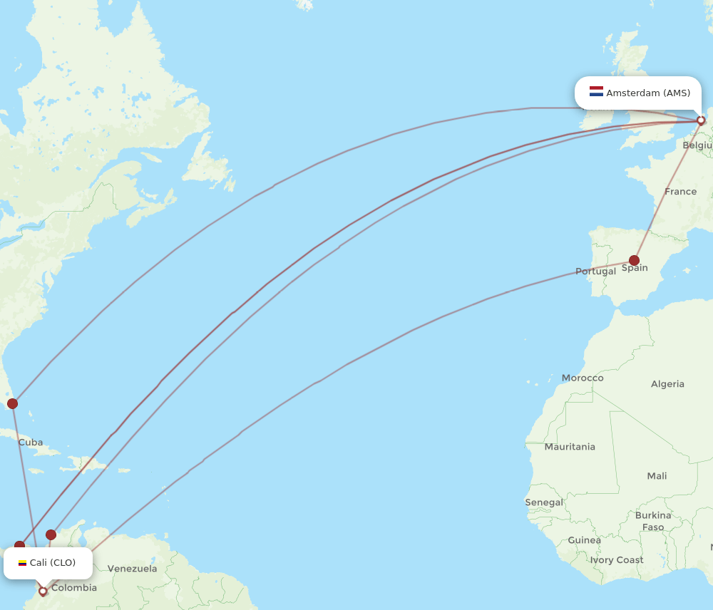 CLO to AMS flights and routes map