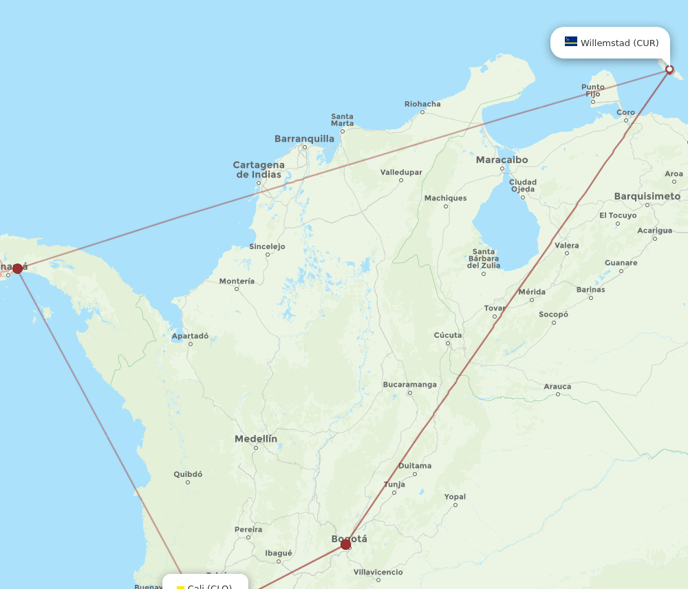 CLO to CUR flights and routes map