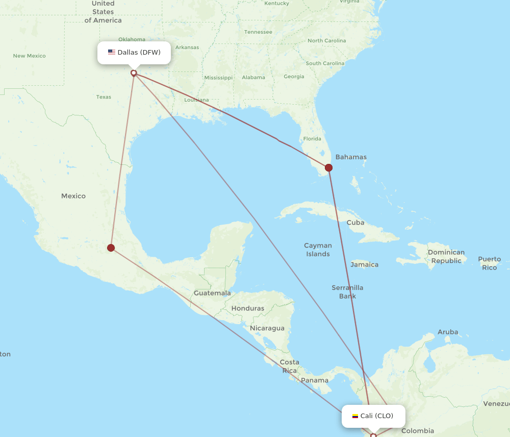 CLO to DFW flights and routes map