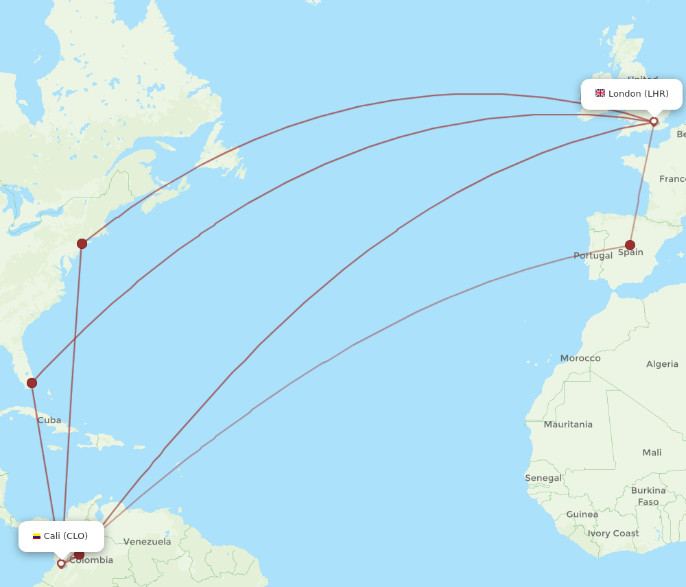 CLO-LHR flight routes