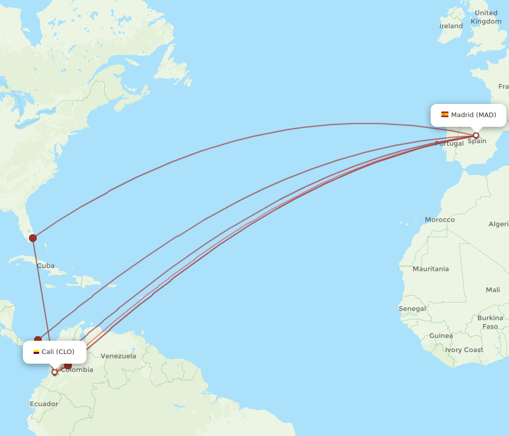 CLO to MAD flights and routes map