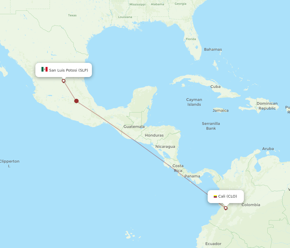 San Luis Potosi - Cali route map and flight paths