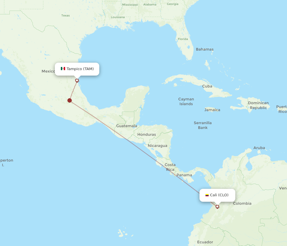 Tampico - Cali route map and flight paths