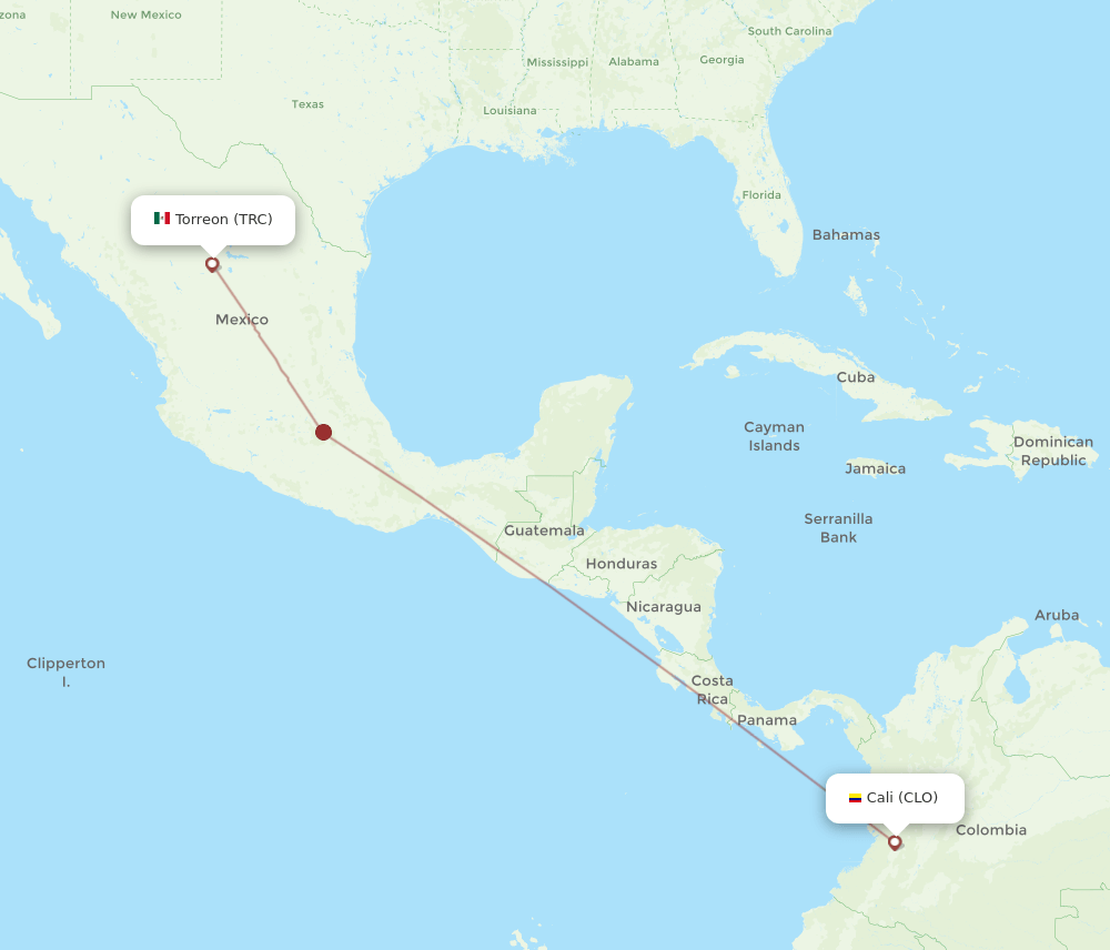 Torreon - Cali route map and flight paths