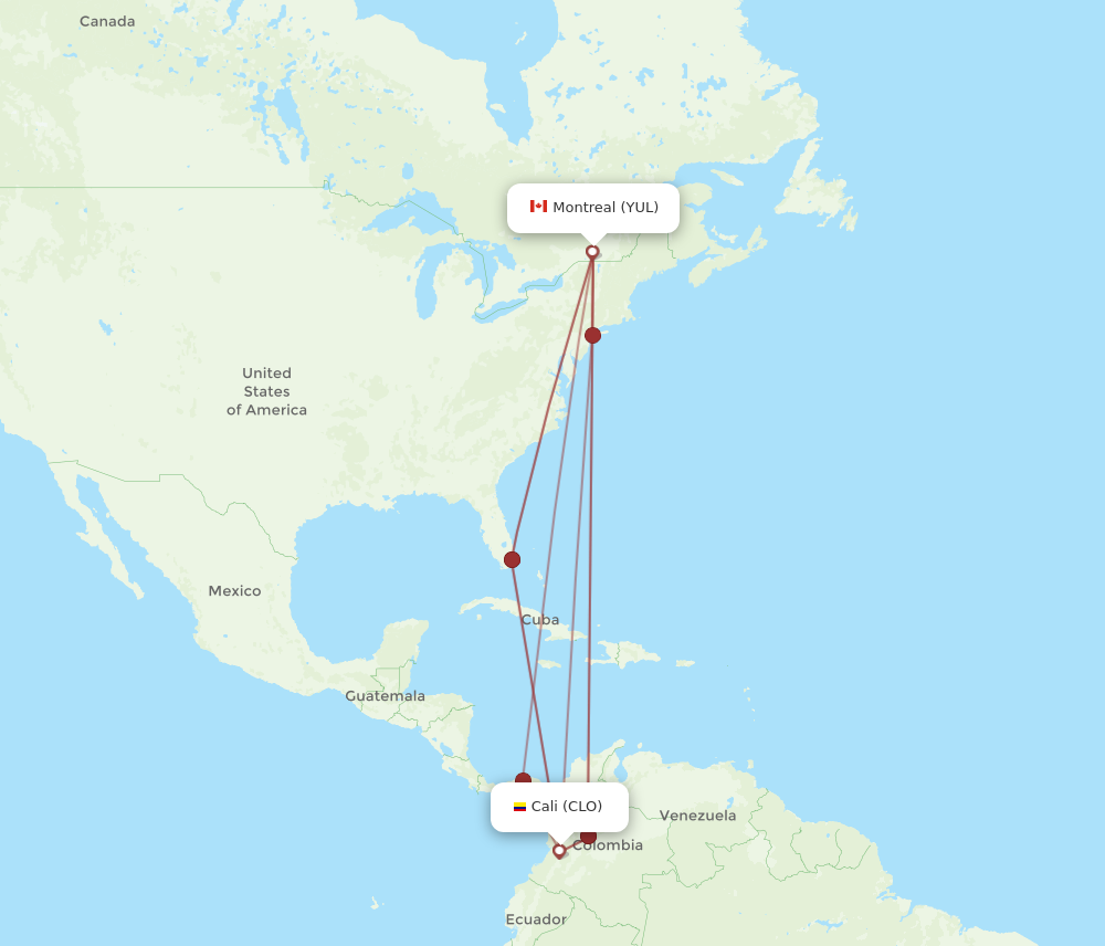 CLO to YUL flights and routes map