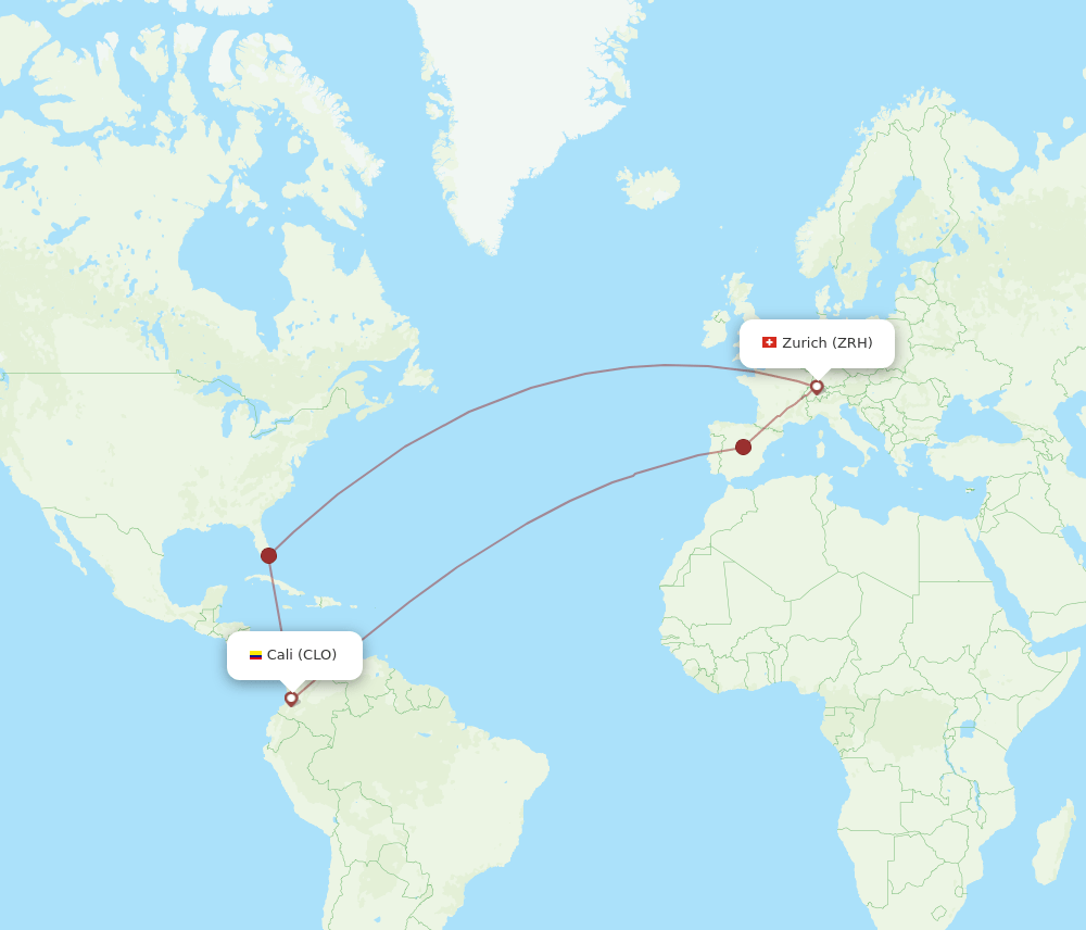 Zurich - Cali route map and flight paths