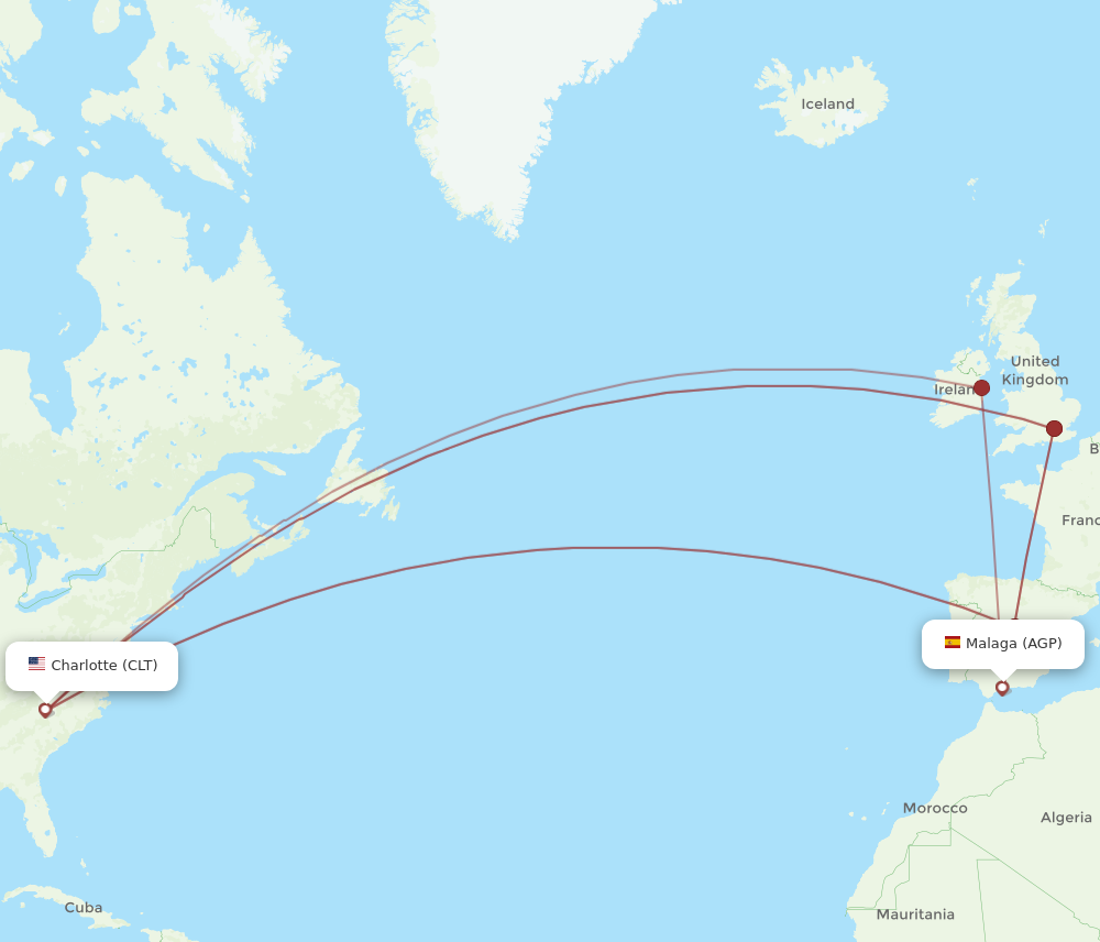 CLT to AGP flights and routes map