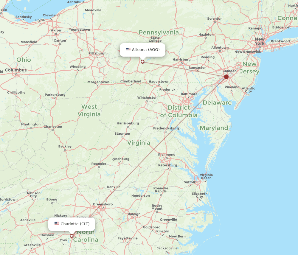 Charlotte - Altoona route map and flight paths
