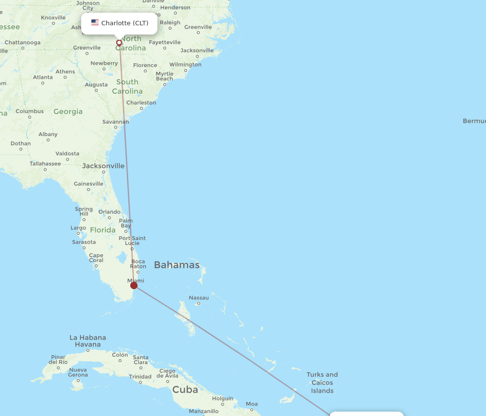 Charlotte - El Catey/Samana route map and flight paths