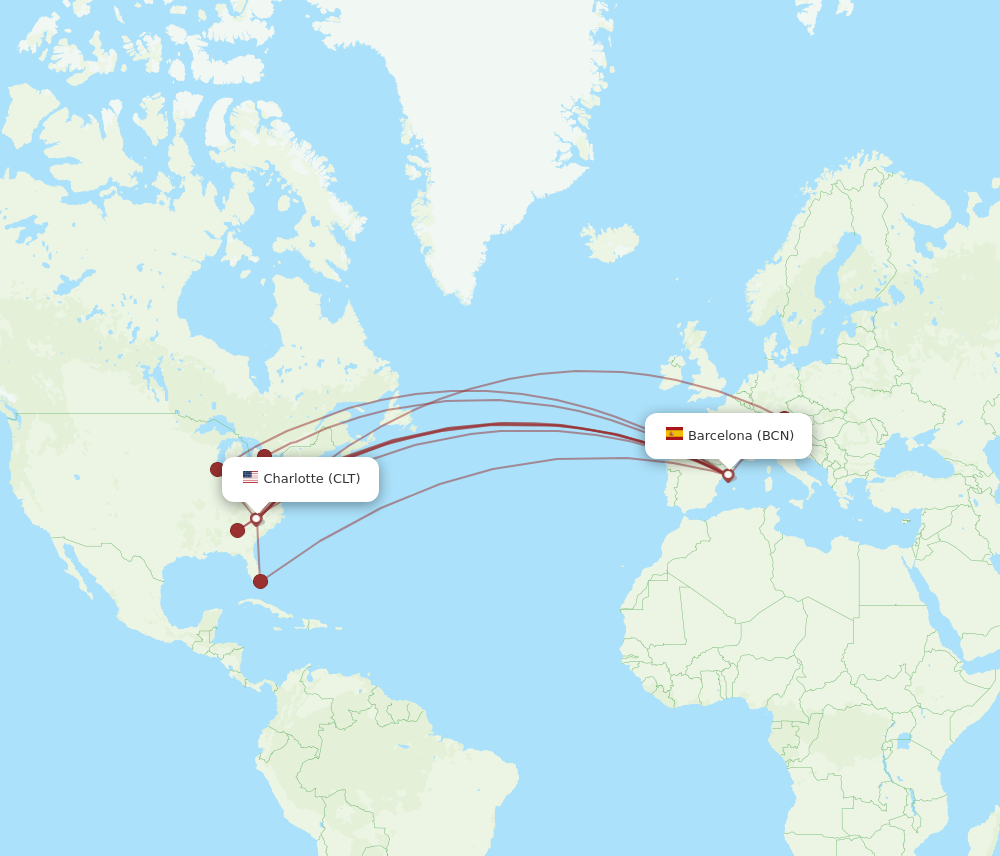 CLT to BCN flights and routes map