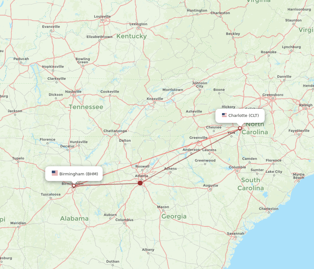 CLT to BHM flights and routes map