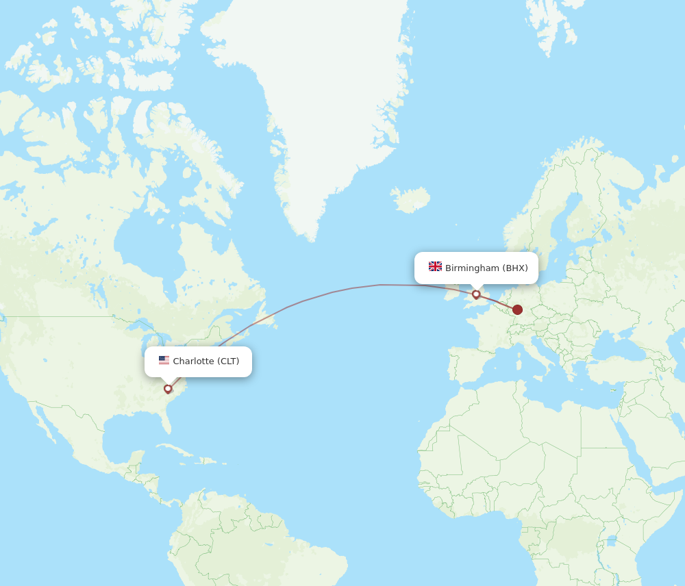 CLT to BHX flights and routes map