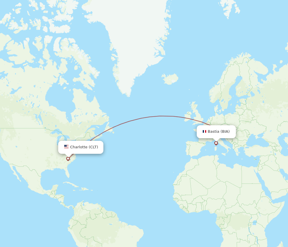 Bastia - Charlotte route map and flight paths