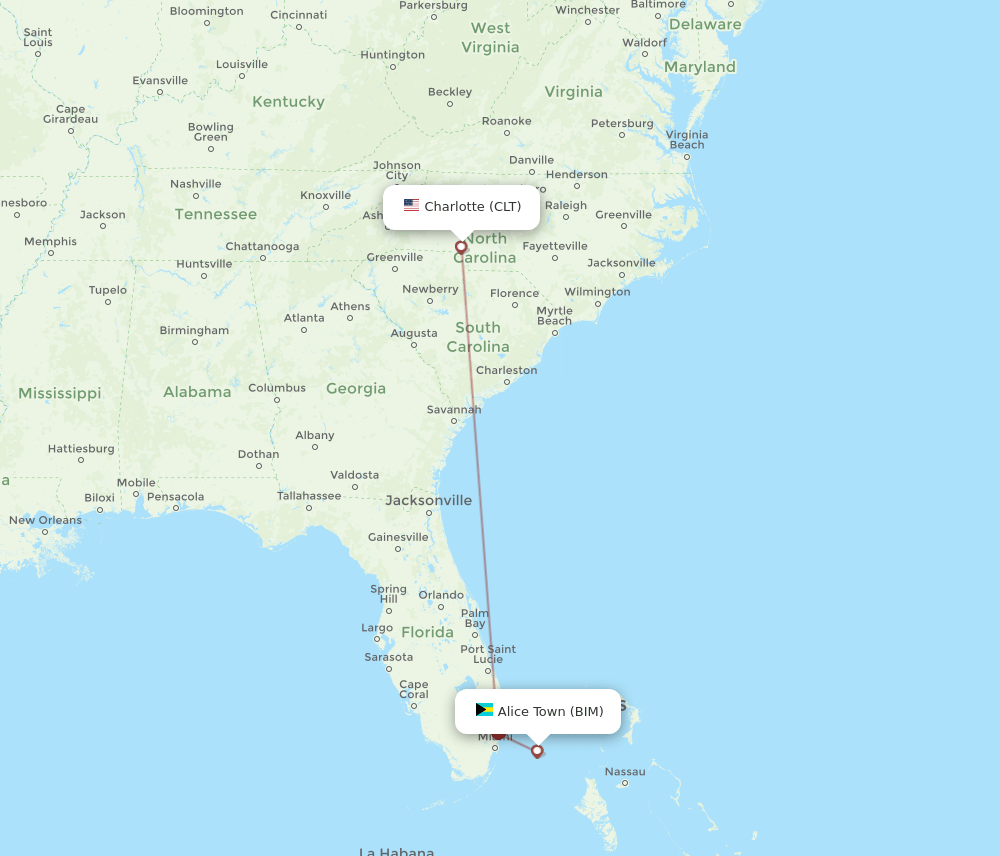 CLT to BIM flights and routes map