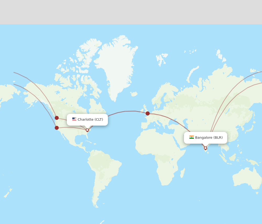 CLT to BLR flights and routes map