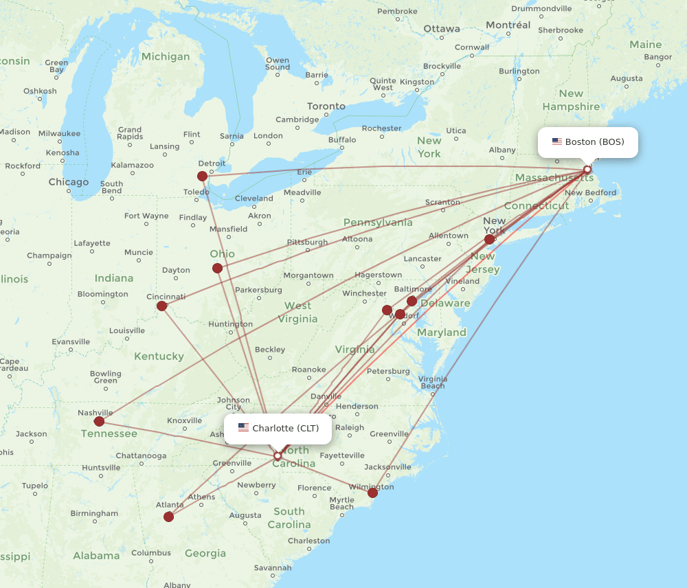 CLT-BOS flight routes