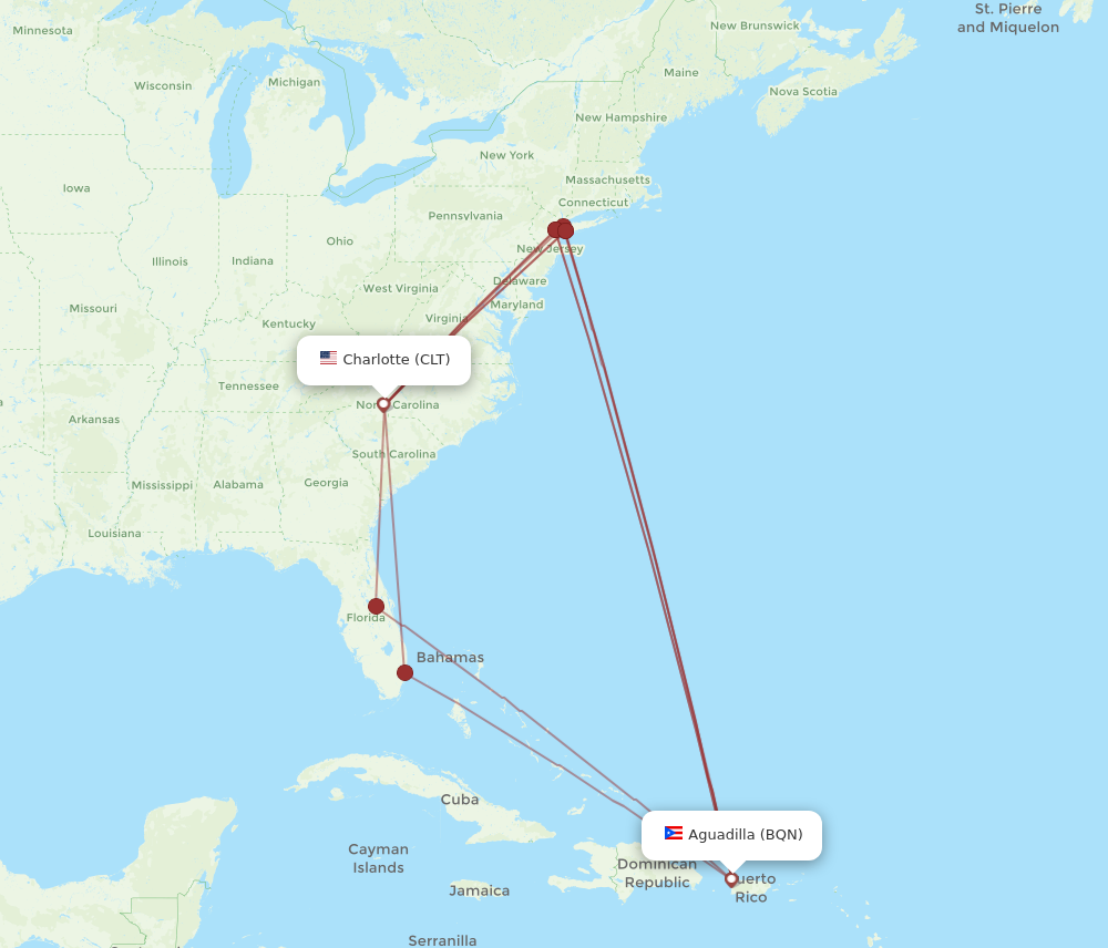 CLT to BQN flights and routes map