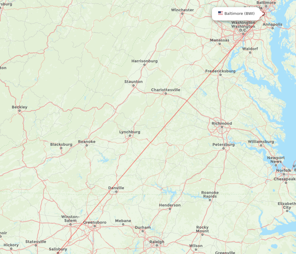 CLT to BWI flights and routes map