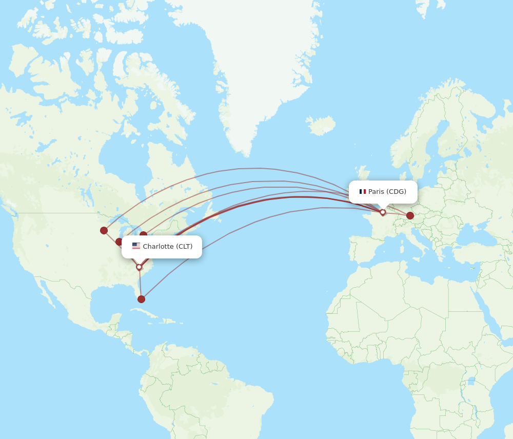 CLT to CDG flights and routes map