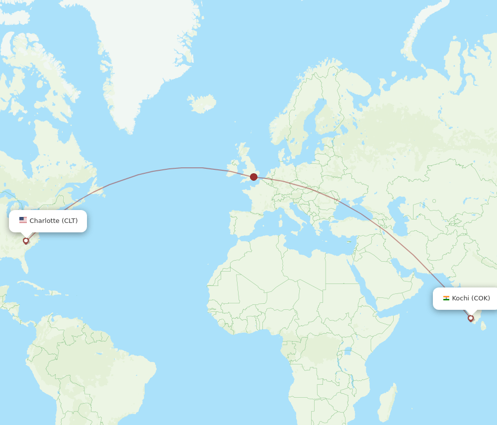 Charlotte - Kochi route map and flight paths