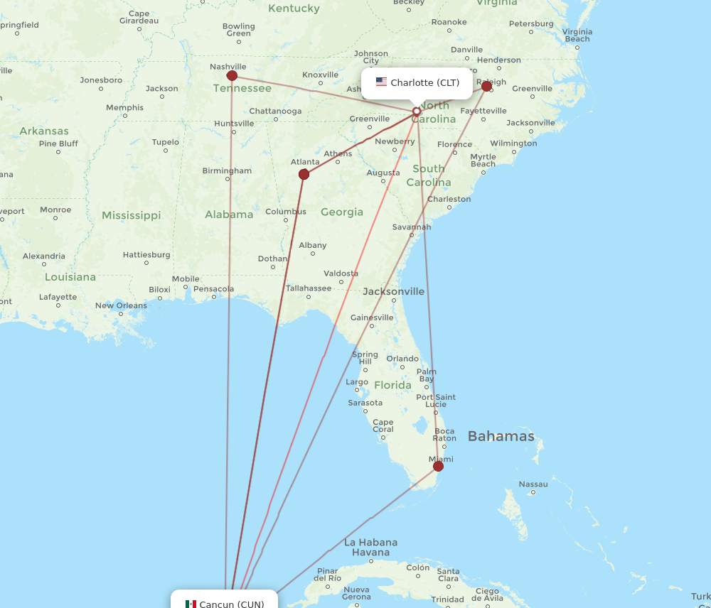 CLT to CUN flights and routes map