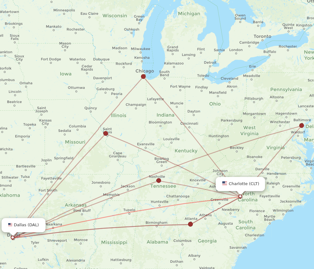 CLT to DAL flights and routes map
