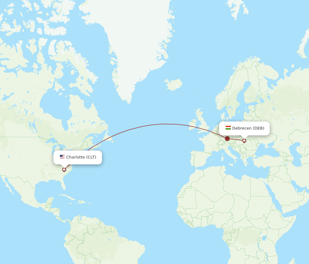 Debrecen - Charlotte route map and flight paths