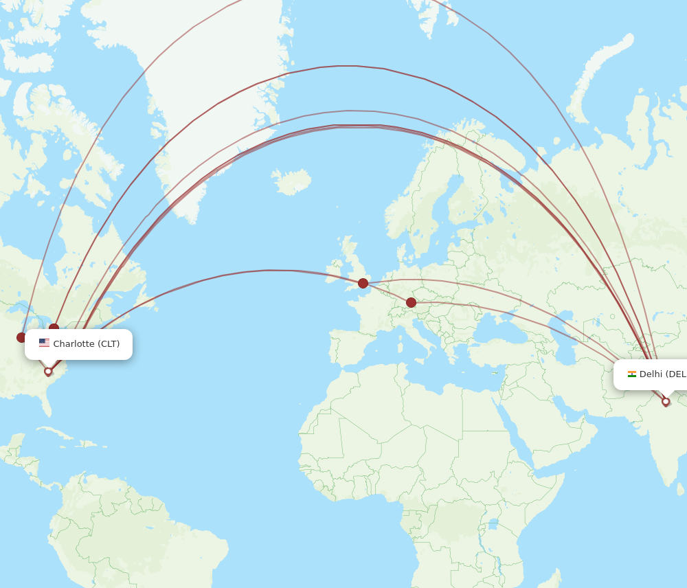 CLT to DEL flights and routes map