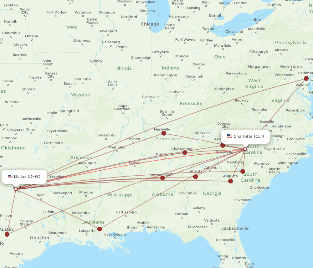 CLT to DFW flights and routes map