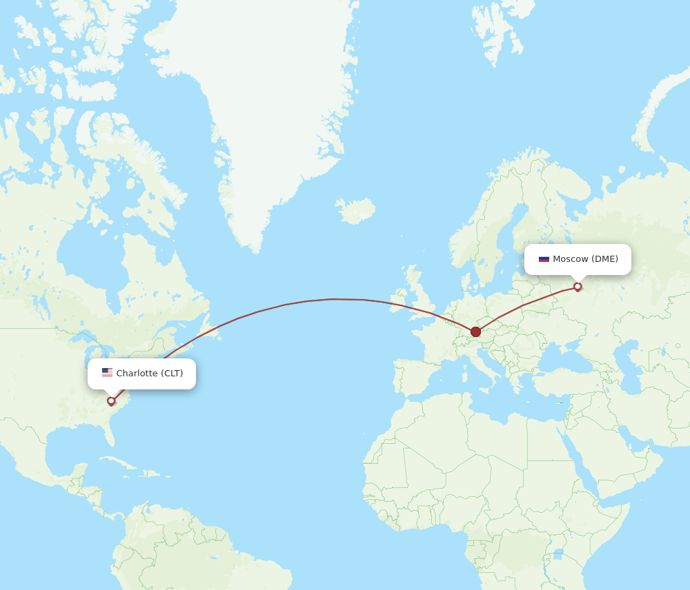 Charlotte - Moscow route map and flight paths