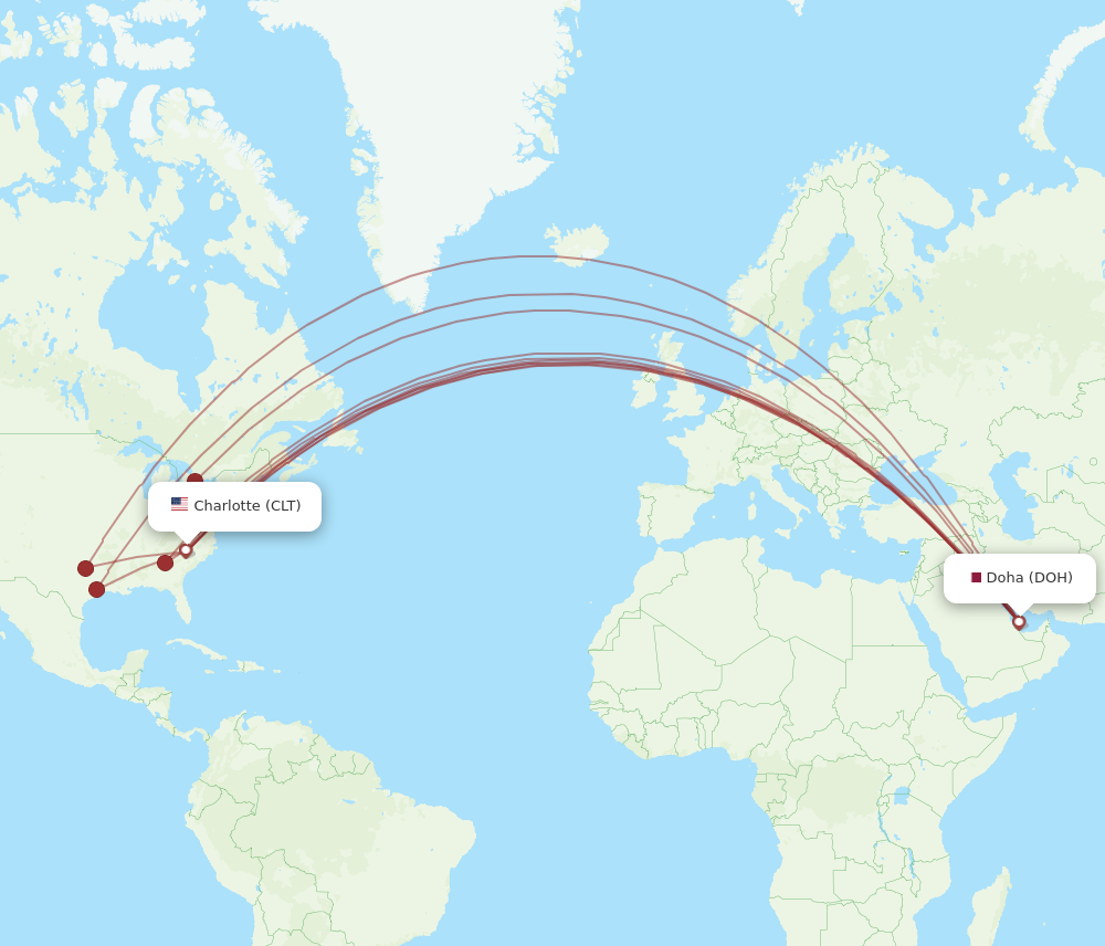 CLT to DOH flights and routes map