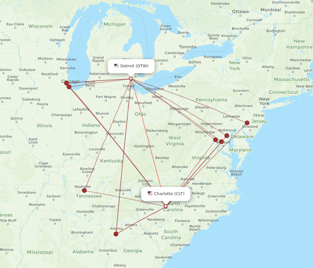 CLT-DTW flight routes