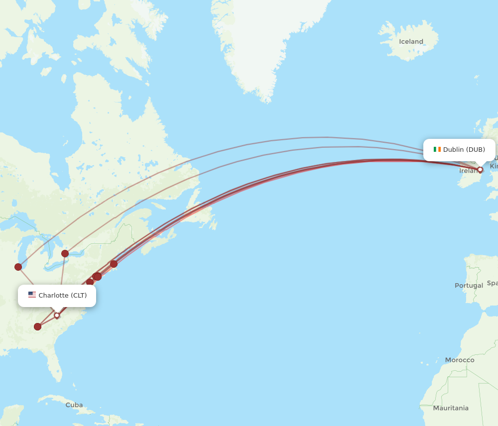 CLT to DUB flights and routes map