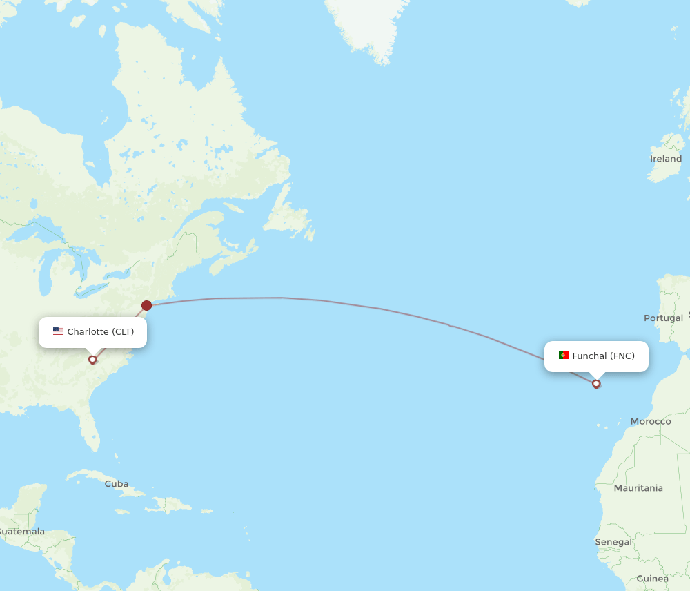 Funchal - Charlotte route map and flight paths