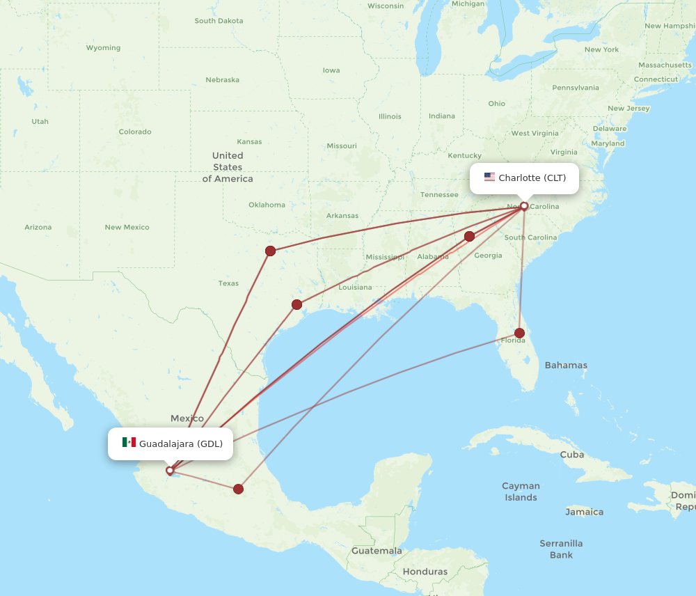 CLT to GDL flights and routes map