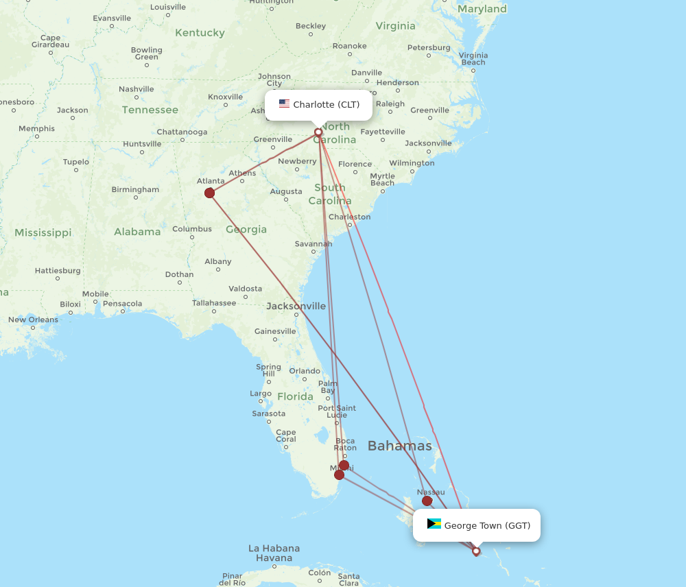 CLT to GGT flights and routes map
