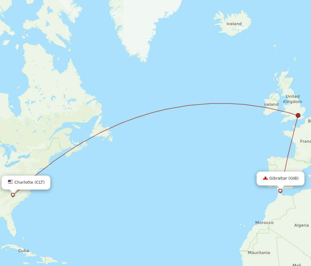 Gibraltar - Charlotte route map and flight paths