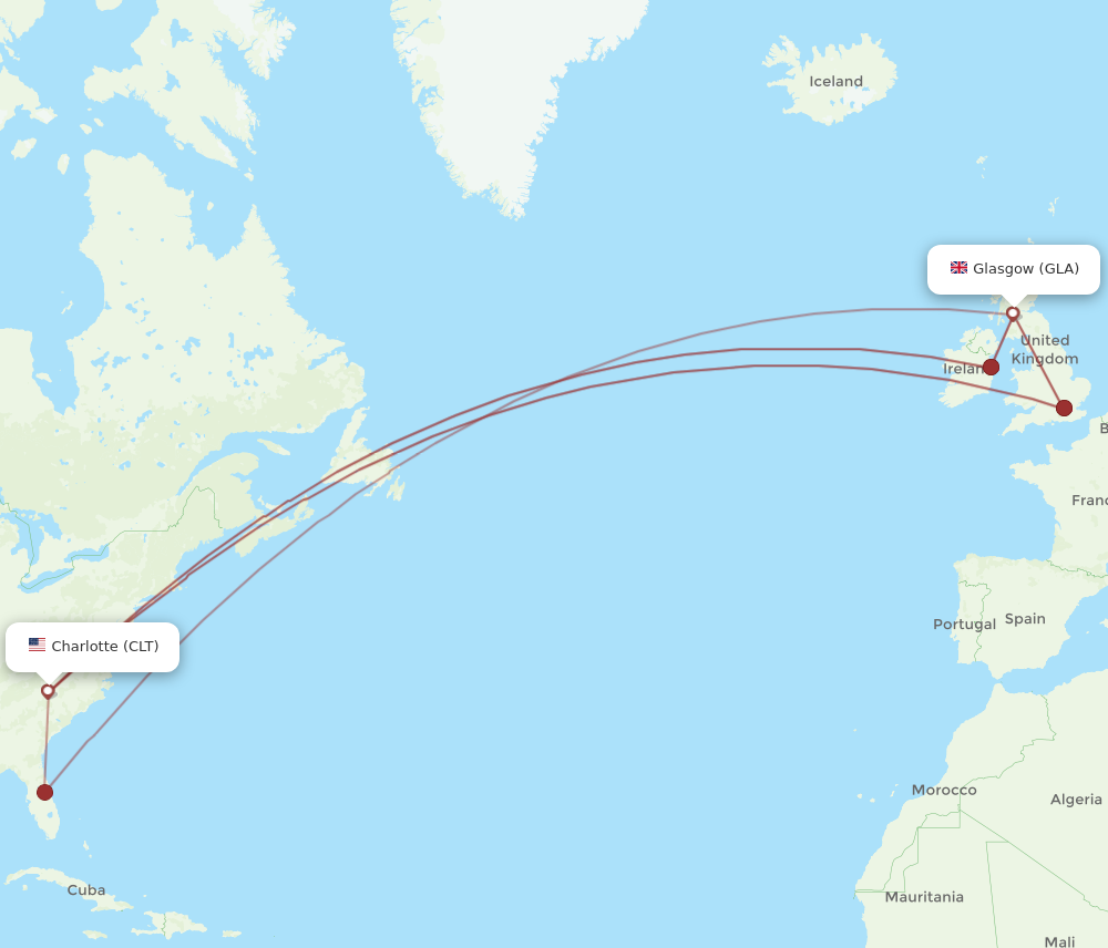 CLT to GLA flights and routes map