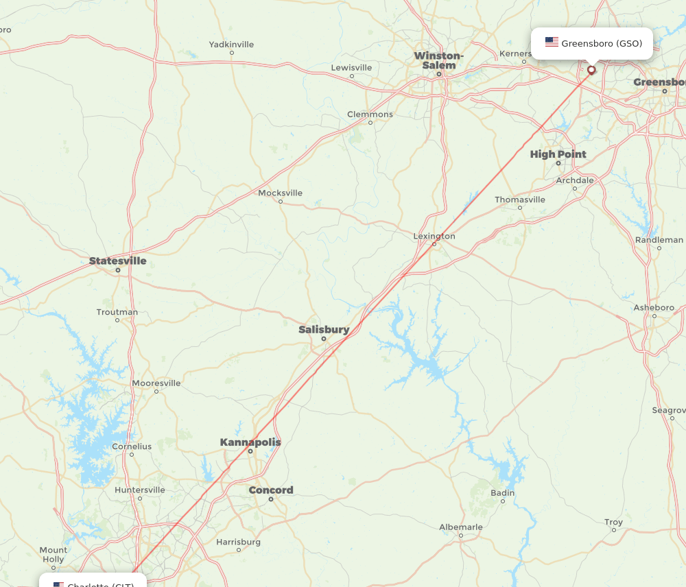 CLT to GSO flights and routes map