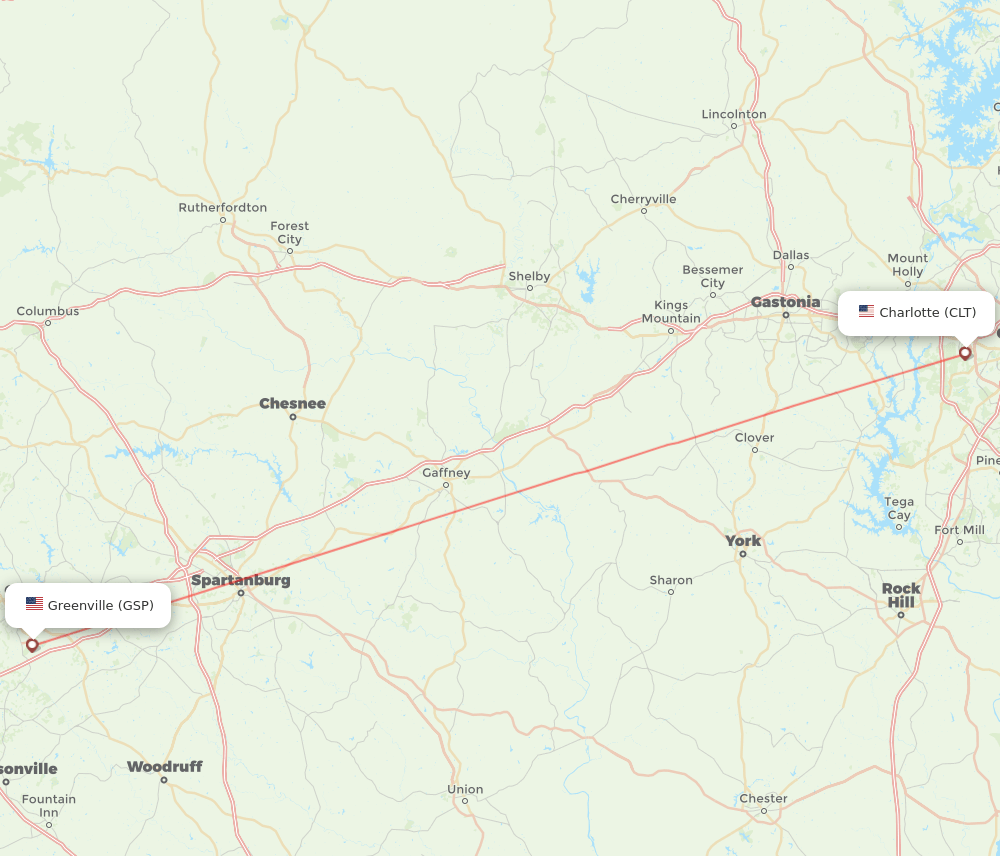 Charlotte - Greenville route map and flight paths