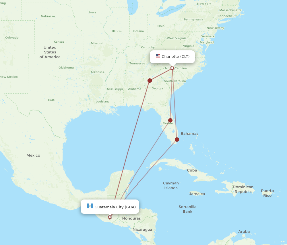 CLT to GUA flights and routes map
