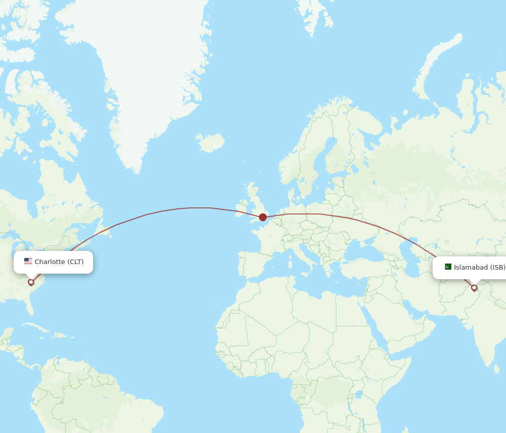 Charlotte - Islamabad route map and flight paths