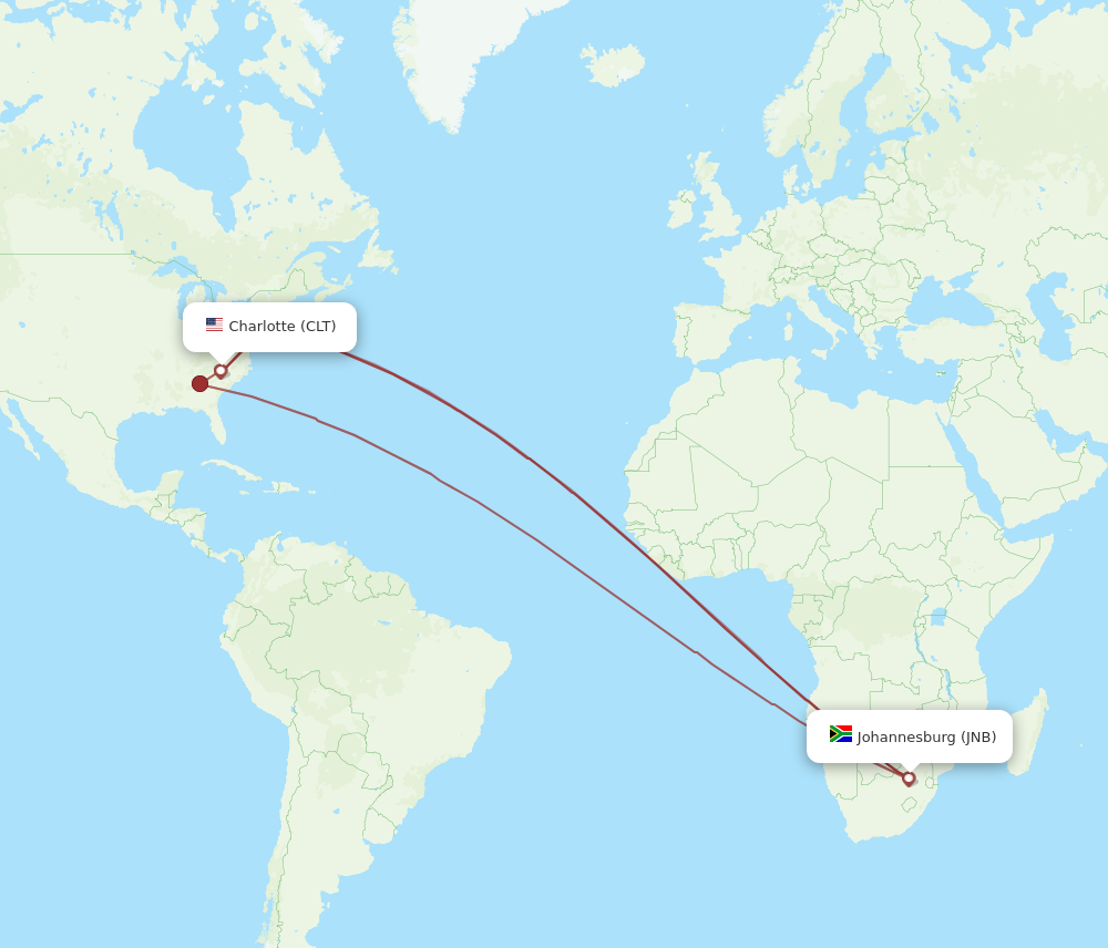 CLT to JNB flights and routes map